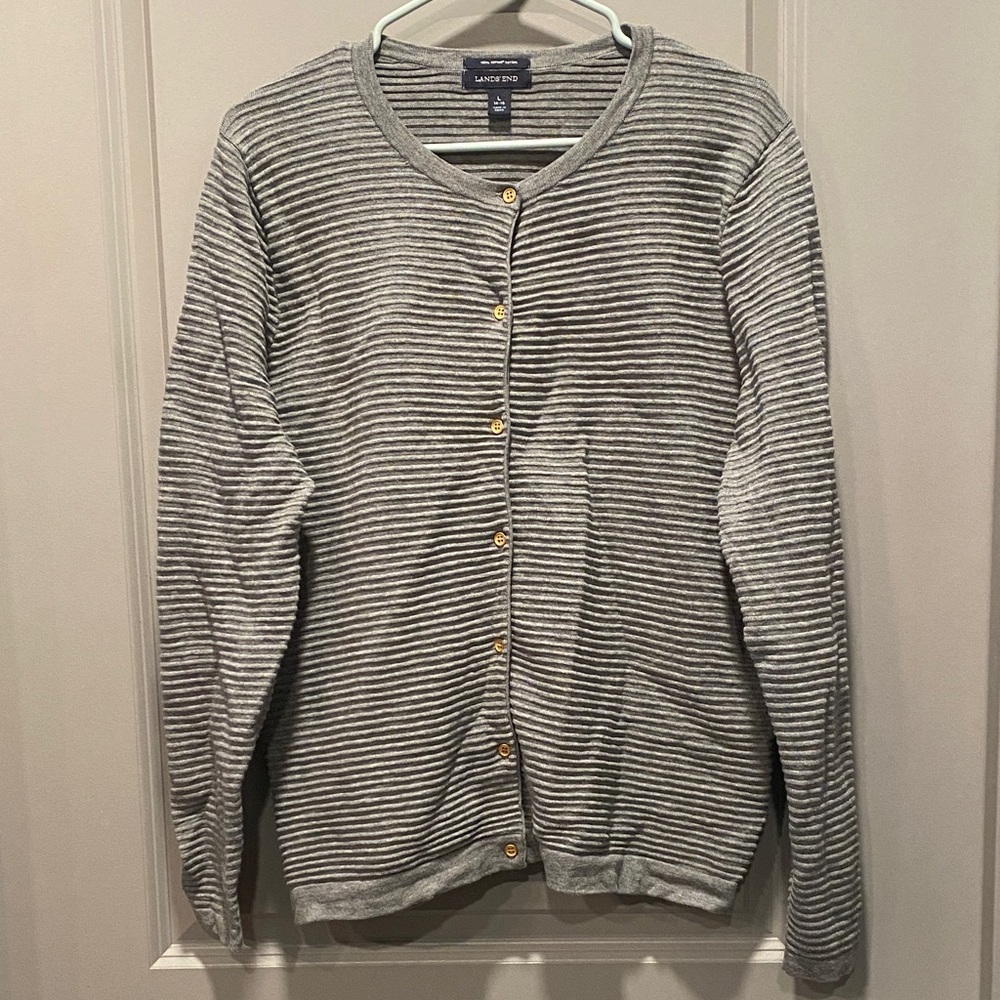 Lands End L Gray Supima Cotton Cardigan Ribbed Button Front Sweater 14 166